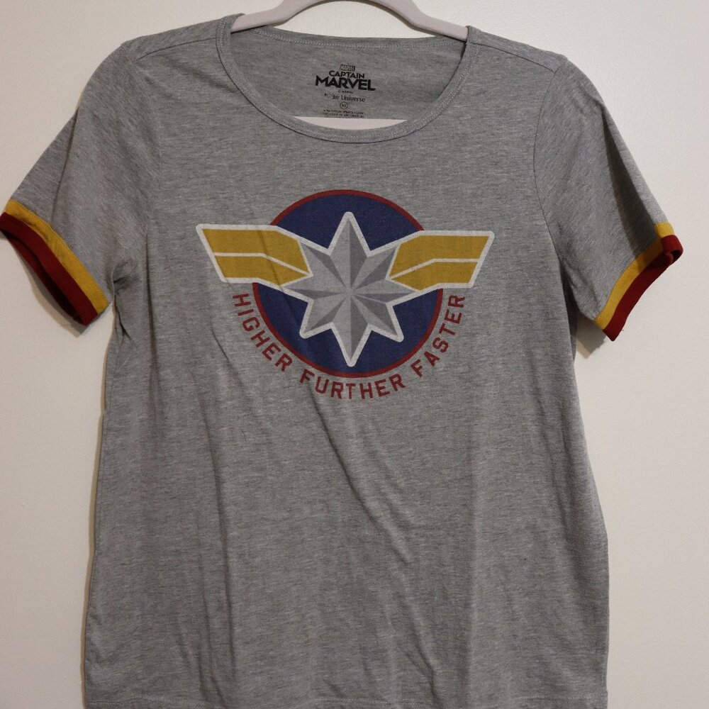 Our Universe Captain Marvel “Higher Further Faster” Gray Ringer Tee XS